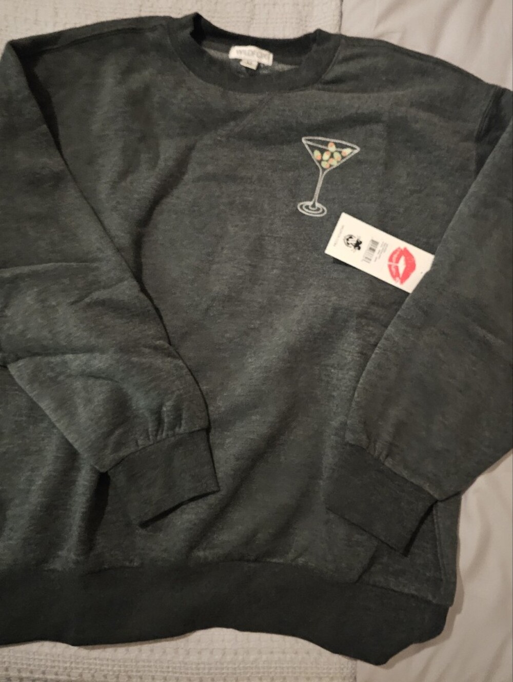 Wildfox Dark Green Crewneck Sweater with Embroidered Martini